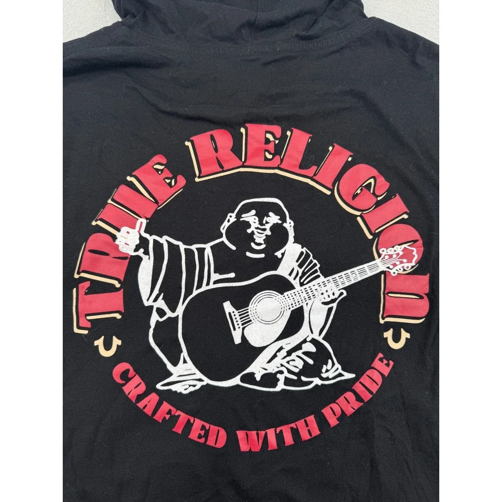 True Religion Mens M Black Short Sleeve Hoodie Shirt Buddha Guitar Graphic Retro